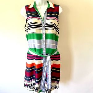 Tommy Hilfiger Stripped Button Down Dress Size M Tie Waist Sleeveless Shirtdress